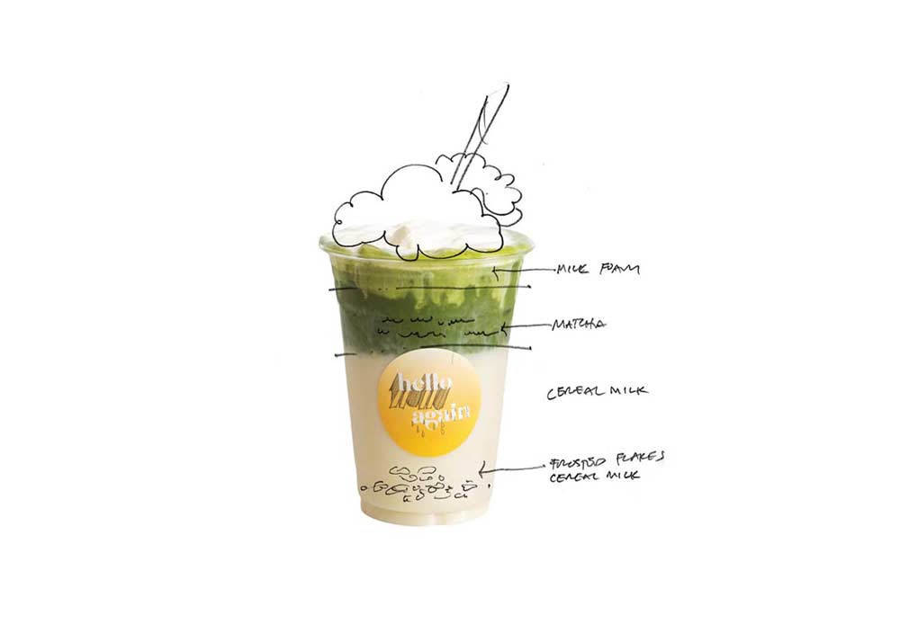 Hello Again iced matcha latte with green gradient and logo