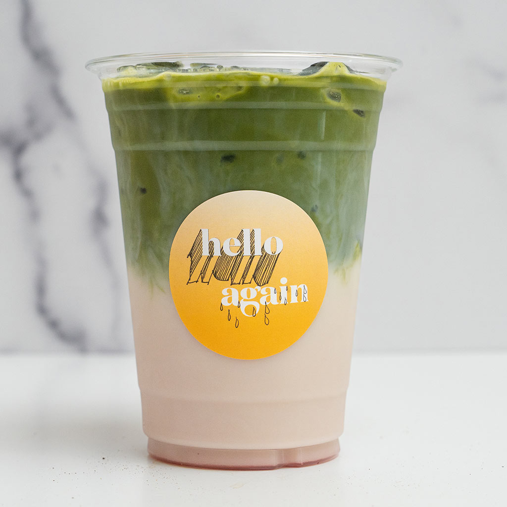 Hello Again iced strawberry matcha drink